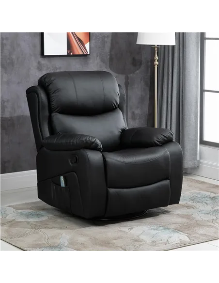 HOMCOM PU Leather Reclining Chair with 8 Massage Points and Heat, Manual Recliner with Swivel Base, Footrest and Remote, Black