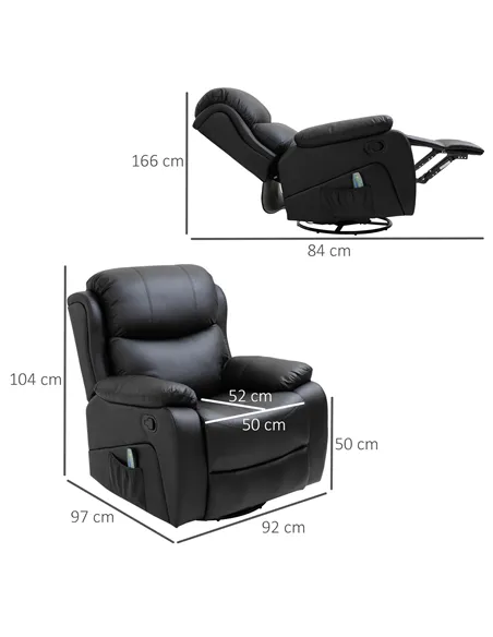 HOMCOM PU Leather Reclining Chair with 8 Massage Points and Heat, Manual Recliner with Swivel Base, Footrest and Remote, Black