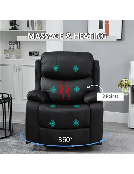HOMCOM PU Leather Reclining Chair with 8 Massage Points and Heat, Manual Recliner with Swivel Base, Footrest and Remote, Black