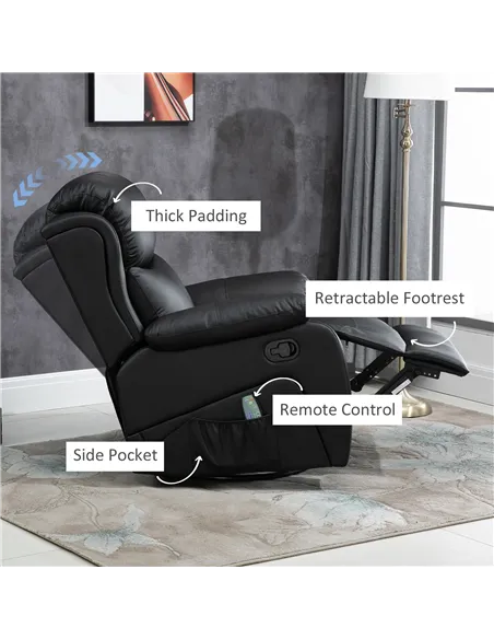 HOMCOM PU Leather Reclining Chair with 8 Massage Points and Heat, Manual Recliner with Swivel Base, Footrest and Remote, Black