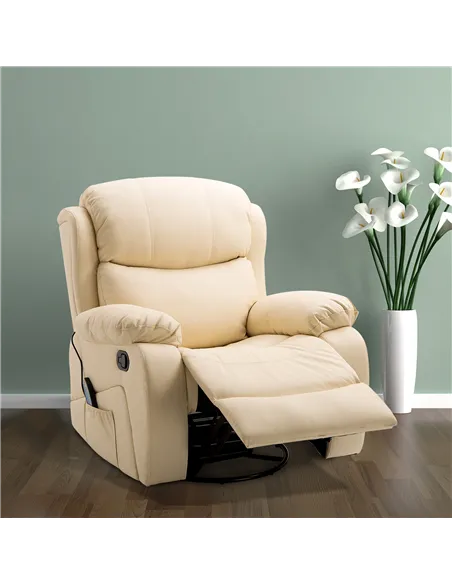 HOMCOM PU Leather Reclining Chair with 8 Massage Points and Heat, Manual Recliner with Swivel Base, Footrest and Remote, Beige