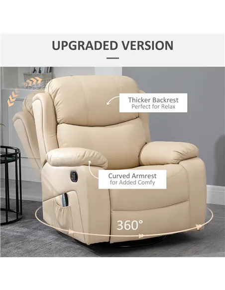 HOMCOM PU Leather Reclining Chair with 8 Massage Points and Heat, Manual Recliner with Swivel Base, Footrest and Remote, Beige
