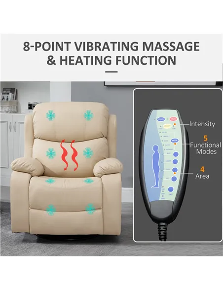 HOMCOM PU Leather Reclining Chair with 8 Massage Points and Heat, Manual Recliner with Swivel Base, Footrest and Remote, Beige