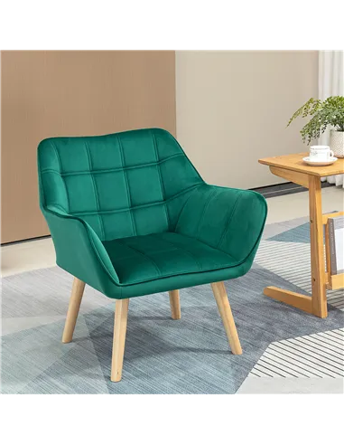 HOMCOM Accent Chair, Arm Chair with Wide Arms, Slanted Back, Thick Padding and Rubber Wooden Legs for Living Room, Green