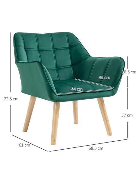 HOMCOM Accent Chair, Arm Chair with Wide Arms, Slanted Back, Thick Padding and Rubber Wooden Legs for Living Room, Green