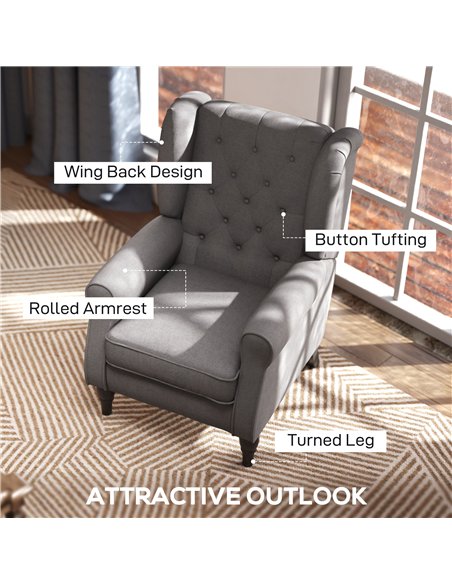 HOMCOM Retro Accent Chair, Linen Wingback Armchair with Wood Frame Button Tufted Design for Living Room Bedroom, Dark Grey