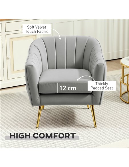 HOMCOM Velvet-Feel Shell Back Accent Chair - Grey