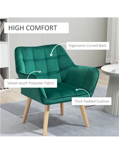 HOMCOM Accent Chair, Arm Chair with Wide Arms, Slanted Back, Thick Padding and Rubber Wooden Legs for Living Room, Green