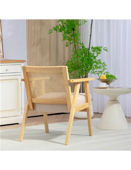 HOMCOM Wooden Rattan Weave Panel Accent Chair - Natural Finish
