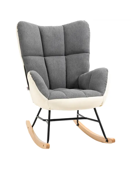 HOMCOM Soft Padded Rocking Wingback Armchair, with Wooden Legs - Grey/Cream