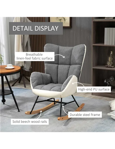 HOMCOM Rocking Chair for Nursery, Upholstered Wingback Armchair, Grey 839-489V70GY