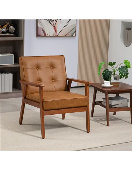 HOMCOM Retro-Style Accent Chair, Armchair with Faux Leather Seat, Brown 833-664V72BN
