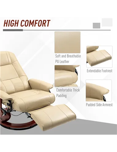 HOMCOM Swivel Recliner, Faux Leather Reclining Chair, Cream 833-621V71CW