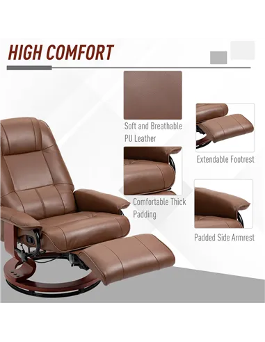 HOMCOM Swivel Recliner, Faux Leather Reclining Chair, Brown 833-621V71BN