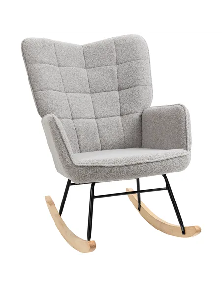 HOMCOM Berber Fleece Nursery Glider Rocker for Nursing, Wingback Rocking Chair for Living Room, Light Grey