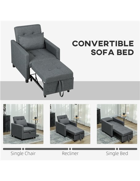 HOMCOM 3-In-1 Chair Bed, Convertible Sleeper Chair with Adjustable Backrest, Pillow and Footrest for Living Room, Dark Grey