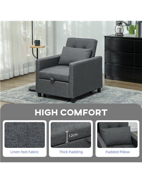 HOMCOM 3-In-1 Chair Bed, Convertible Sleeper Chair with Adjustable Backrest, Pillow and Footrest for Living Room, Dark Grey