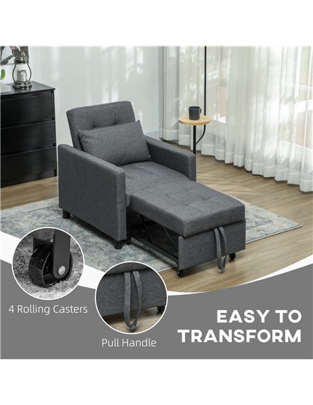 HOMCOM 3-In-1 Chair Bed, Convertible Sleeper Chair with Adjustable Backrest, Pillow and Footrest for Living Room, Dark Grey