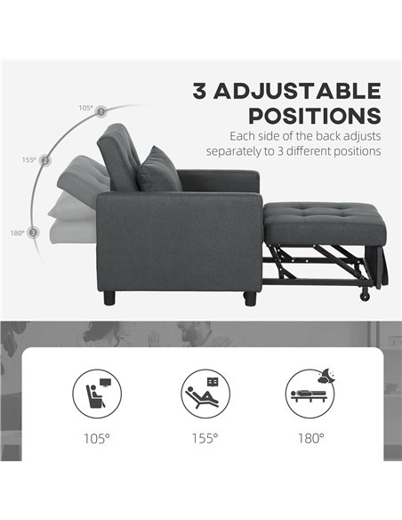 HOMCOM 3-In-1 Chair Bed, Convertible Sleeper Chair with Adjustable Backrest, Pillow and Footrest for Living Room, Dark Grey