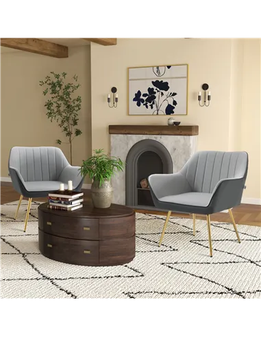 HOMCOM Velvet Armchairs, Upholstered Accent Chairs, Set of 2, Light Grey 839-P024