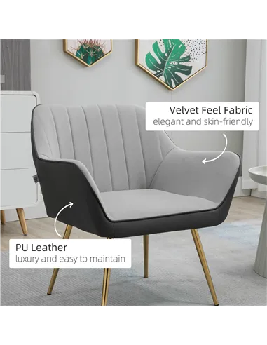 HOMCOM Velvet Armchairs, Upholstered Accent Chairs, Set of 2, Light Grey 839-P024