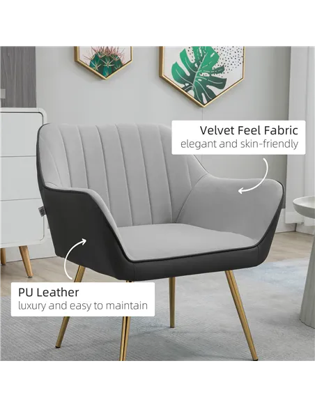 HOMCOM Velvet Armchairs, Upholstered Accent Chairs, Set of 2, Light Grey 839-P024