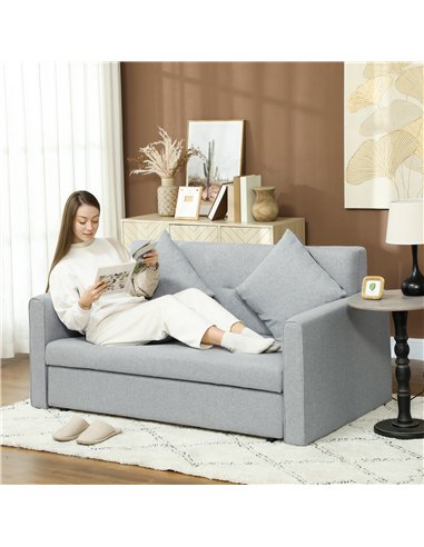 HOMCOM 2 Seater Sofa Bed, Convertible Bed Settee, Modern Linen Loveseat Sofa Couch with 2 Cushions, Hidden Storage for Living Ro