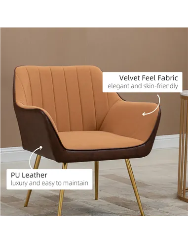 HOMCOM Velvet Armchairs, Upholstered Accent Chairs, Set of 2, Light Brown 839-P025