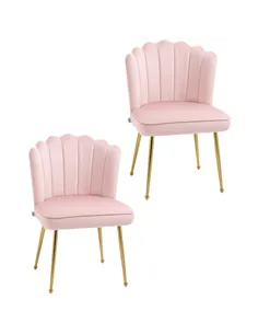 HOMCOM Shell Dining Chairs Set of 2, Upholstered Kitchen Chairs with Gold Metal Legs and Backrest, Velvet Fabric Lounge Leisure 