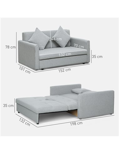 HOMCOM 2 Seater Sofa Bed, Convertible Bed Settee, Modern Linen Loveseat Sofa Couch with 2 Cushions, Hidden Storage for Living Ro