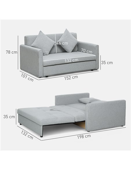 HOMCOM 2 Seater Sofa Bed, Convertible Bed Settee, Modern Linen Loveseat Sofa Couch with 2 Cushions, Hidden Storage for Living Ro