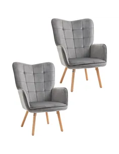 HOMCOM Modern Accent Chair Velvet-Touch Tufted Wingback Armchair Upholstered Leisure Lounge Sofa Club Chair with Wood Legs, Set 
