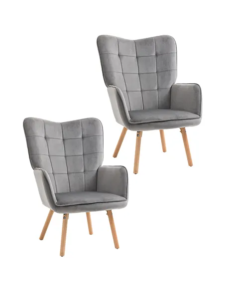 HOMCOM Modern Accent Chair Velvet-Touch Tufted Wingback Armchair Upholstered Leisure Lounge Sofa Club Chair with Wood Legs, Set 