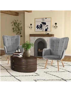 HOMCOM Modern Accent Chair Velvet-Touch Tufted Wingback Armchair Upholstered Leisure Lounge Sofa Club Chair with Wood Legs, Set  2