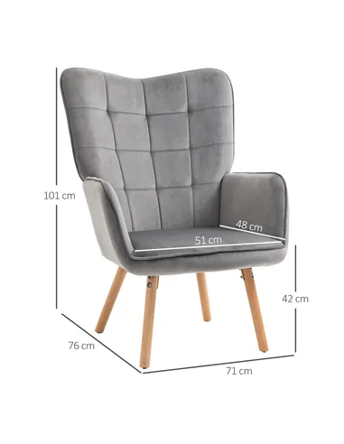 HOMCOM Modern Velvet-Touch Tufted Wingback Armchair, Grey 839-P032