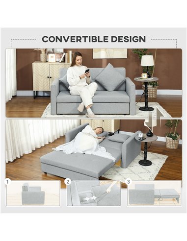 HOMCOM 2 Seater Sofa Bed, Convertible Bed Settee, Modern Linen Loveseat Sofa Couch with 2 Cushions, Hidden Storage for Living Ro