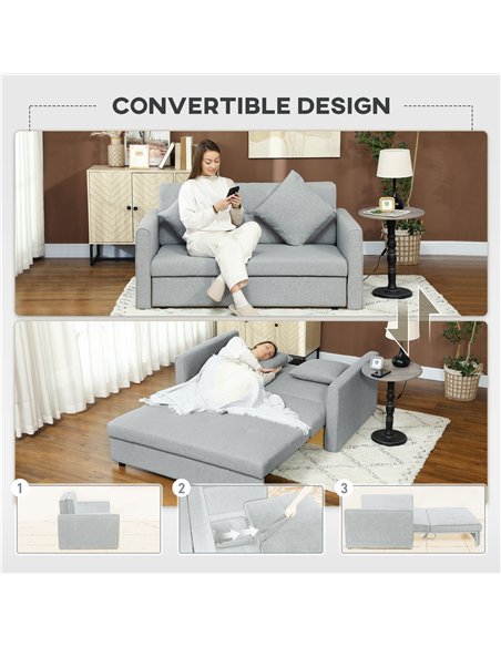 HOMCOM 2 Seater Sofa Bed, Convertible Bed Settee, Modern Linen Loveseat Sofa Couch with 2 Cushions, Hidden Storage for Living Ro