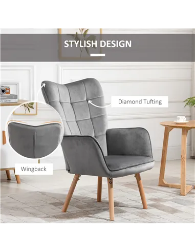 HOMCOM Modern Velvet-Touch Tufted Wingback Armchair, Grey 839-P032