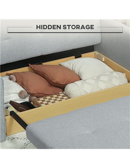 HOMCOM 2 Seater Sofa Bed, Convertible Bed Settee, Modern Linen Loveseat Sofa Couch with 2 Cushions, Hidden Storage for Living Ro