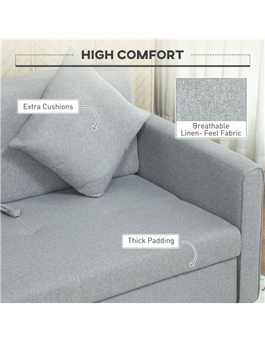 HOMCOM 2 Seater Sofa Bed, Convertible Bed Settee, Modern Linen Loveseat Sofa Couch with 2 Cushions, Hidden Storage for Living Ro