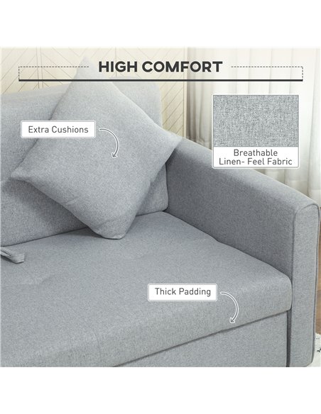 HOMCOM 2 Seater Sofa Bed, Convertible Bed Settee, Modern Linen Loveseat Sofa Couch with 2 Cushions, Hidden Storage for Living Ro