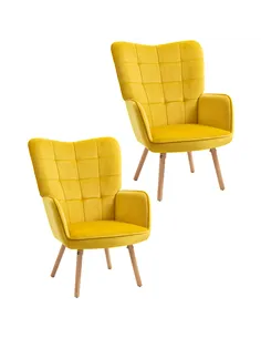 HOMCOM Modern Accent Chair Velvet-Touch Tufted Wingback Armchair Upholstered Leisure Lounge Sofa Club Chair with Wood Legs, Set 