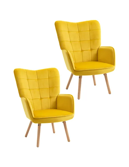 HOMCOM Modern Accent Chair Velvet-Touch Tufted Wingback Armchair Upholstered Leisure Lounge Sofa Club Chair with Wood Legs, Set 