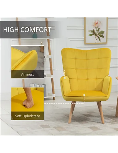 HOMCOM Modern Velvet-Touch Tufted Wingback Armchair, Yellow 839-P033