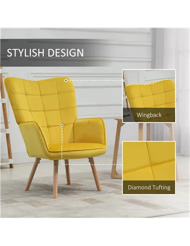 HOMCOM Modern Velvet-Touch Tufted Wingback Armchair, Yellow 839-P033