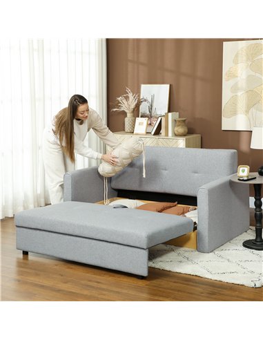 HOMCOM 2 Seater Sofa Bed, Convertible Bed Settee, Modern Linen Loveseat Sofa Couch with 2 Cushions, Hidden Storage for Living Ro