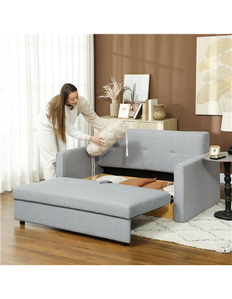 HOMCOM 2 Seater Sofa Bed, Convertible Bed Settee, Modern Linen Loveseat Sofa Couch with 2 Cushions, Hidden Storage for Living Ro