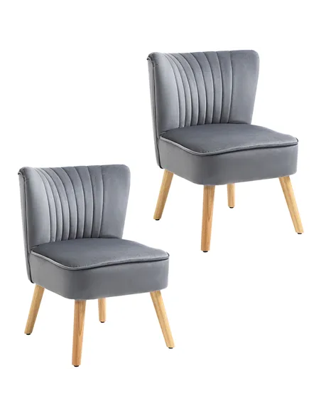 HOMCOM Velvet Accent Chair Occasional Tub Seat Padding Curved Back with Wood Frame Legs Home Furniture Set of 2 Grey
