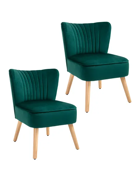 HOMCOM Velvet Accent Chair Occasional Tub Seat Padding Curved Back with Wood Frame Legs Home Furniture Set of 2 Green