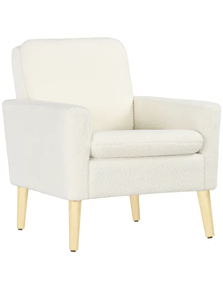 HOMCOM Armchair, Upholstered Accent Chair with Wood Legs and Wide Padded Seat, Teddy Occasional Chair, Cream White